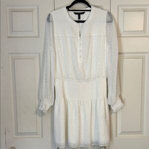 WHITE HOUSE BLACK MARKET Medium Textured White Long Sleeve Dress Smocked Lined